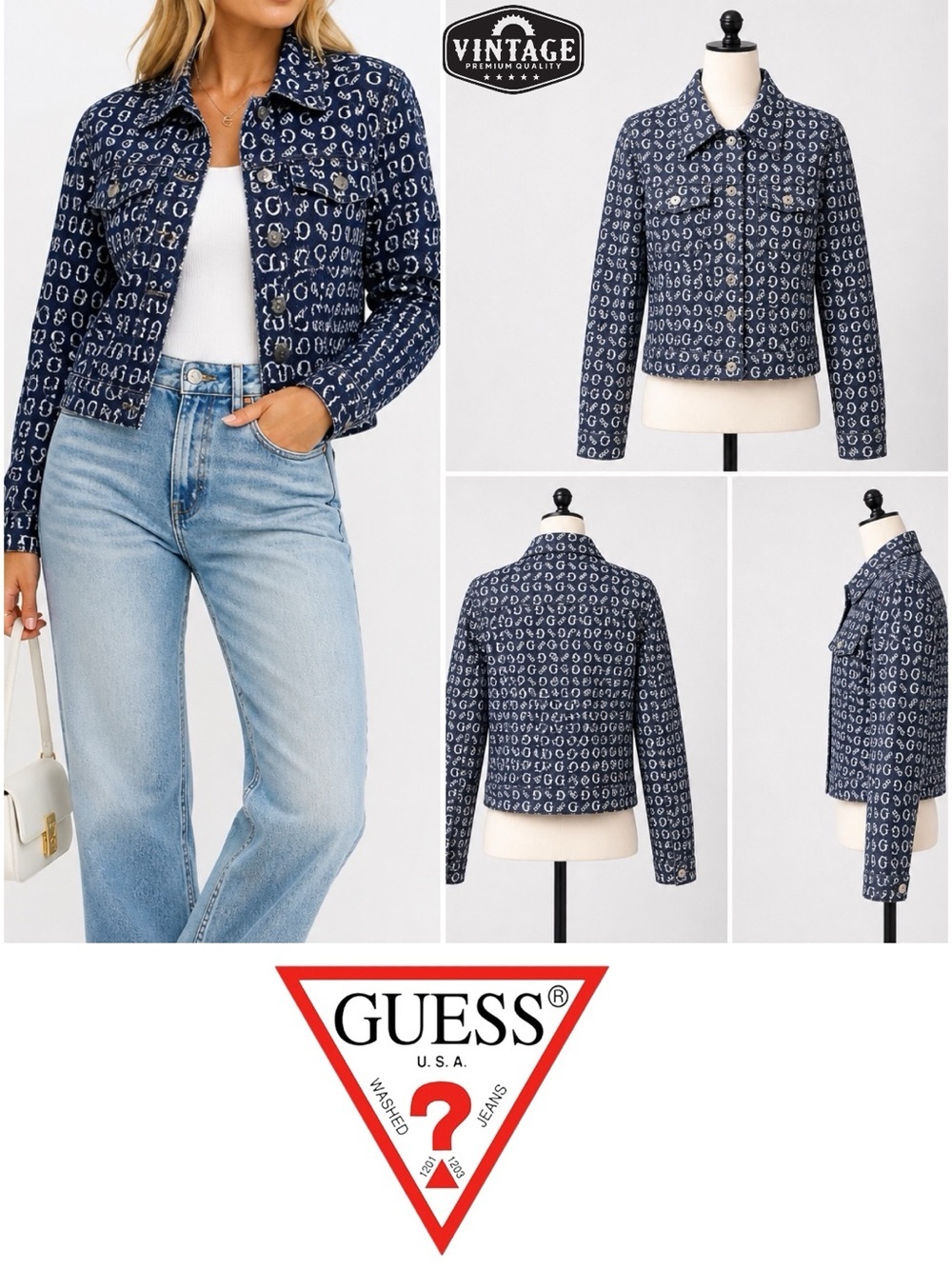 GUESS | NWOT Vintage Y2K Navy Blue Monogram G Logo-Print Cropped Denim Jacket (M
